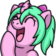 Size: 112x112 | Tagged: safe, derpibooru import, oc, oc:magicalmysticva, unofficial characters only, pony, unicorn, emote, emotes, eyes closed, female, giggling, horn, image, laughing, open mouth, pigtails, pink body, pink coat, png, raised hoof, solo, teal mane, twintails