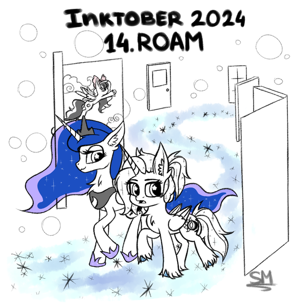 Size: 1000x1000 | Tagged: safe, artist:sunamoonmlp, derpibooru import, princess luna, oc, oc:fleurbelle, oc:sunamoon, alicorn, pony, g4, cute, dream, female, horn, image, inktober, inktober 2024, png, wings