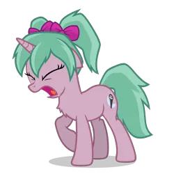 Size: 2800x2800 | Tagged: safe, artist:oblivionfall, derpibooru import, oc, oc:magicalmysticva, unofficial characters only, pony, unicorn, bow, chest fluff, eyes closed, female, floppy ears, frustrated, frustration, hair bow, horn, image, open mouth, pigtails, pink body, pink coat, png, simple background, solo, teal mane, transparent background, twintails, vector