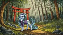 Size: 2560x1440 | Tagged: safe, ai content, derpibooru import, machine learning generated, stable diffusion, mistmane, pony, unicorn, g4, clothes, curved horn, female, forest, generator:pony diffusion v6 xl, grass, horn, image, jpeg, mare, nature, outdoors, prompter:siber, rock, scenery, solo, torii, tree, wallpaper, younger