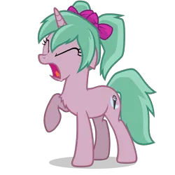 Size: 2800x2800 | Tagged: safe, artist:oblivionfall, derpibooru import, oc, oc:magicalmysticva, unofficial characters only, pony, unicorn, bow, chest fluff, eyes closed, female, floppy ears, frustrated, frustration, hair bow, horn, image, irritated, open mouth, pigtails, pink body, png, raised hoof, simple background, solo, teal mane, transparent background, twintails, vector