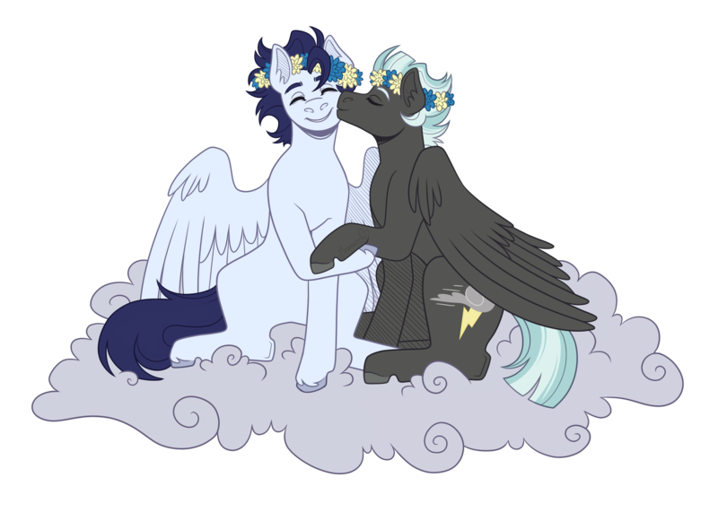 Size: 3500x2500 | Tagged: safe, artist:monnarcha, derpibooru import, soarin', thunderlane, pony, cloud, duo, duo male, floral head wreath, flower, gay, image, kissing, male, on a cloud, png, shipping, simple background, sitting, sitting on cloud, soarilane, transparent background