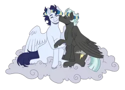 Size: 3500x2500 | Tagged: safe, artist:monnarcha, derpibooru import, soarin', thunderlane, pony, cloud, duo, duo male, floral head wreath, flower, gay, image, kissing, male, on a cloud, png, shipping, simple background, sitting, sitting on cloud, soarilane, transparent background