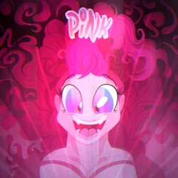 Size: 2090x2090 | Tagged: safe, artist:sixes&sevens, derpibooru import, pinkie pie, human, fanfic, fanfic:the sunset archives, equestria girls, g4, cute, cute little fangs, fanfic art, fanfic cover, fangs, glow, image, messy mane, pink, png, smiling