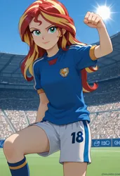 Size: 832x1216 | Tagged: safe, ai content, derpibooru import, generator:civitai, machine learning generated, prompter:mardenborough, sunset shimmer, equestria girls, g4, clothes, crowd, female, fist, football, image, inazuma eleven, jpeg, shorts, soccer field, soccer uniform, socks, sports, stadium