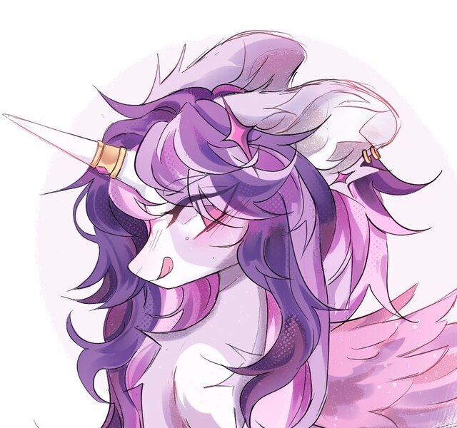 Size: 876x821 | Tagged: safe, artist:misty.mooon, derpibooru import, oc, unofficial characters only, alicorn, pony, alicorn oc, blushing, chest fluff, commission, ear fluff, ear piercing, earring, eye clipping through hair, eyebrows, eyebrows visible through hair, female, hairclip, horn, horn ring, image, jewelry, jpeg, licking, licking lips, mare, piercing, ring, tongue out, wings