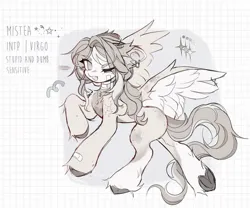 Size: 1338x1114 | Tagged: safe, artist:misty.mooon, derpibooru import, oc, oc:mistea, unofficial characters only, pegasus, pony, abstract background, bandage, bandaid, ear piercing, earring, eye clipping through hair, eyebrows, female, image, jewelry, jpeg, mare, one eye closed, piercing, solo, unshorn fetlocks, wink