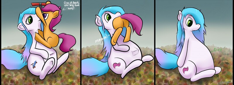 Size: 1280x465 | Tagged: suggestive, artist:graydaze, derpibooru import, scootaloo, oc, oc:vorepone, earth pony, pegasus, pony, angry, changing cutie mark, comic, commission, duo, female, filly, foal, image, jpeg, mare, scootaprey, scooter, vore