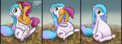 Size: 1280x465 | Tagged: suggestive, artist:graydaze, derpibooru import, scootaloo, oc, oc:vorepone, earth pony, pegasus, pony, angry, changing cutie mark, comic, commission, duo, female, filly, foal, image, jpeg, mare, scootaprey, scooter, vore