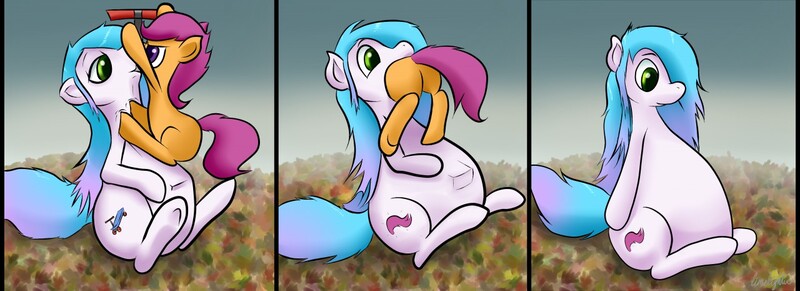 Size: 1280x465 | Tagged: suggestive, alternate version, artist:graydaze, derpibooru import, scootaloo, oc, oc:vorepone, earth pony, pegasus, pony, alternate, angry, changing cutie mark, comic, commission, duo, female, filly, foal, image, jpeg, mare, scootaprey, scooter, textless, vore