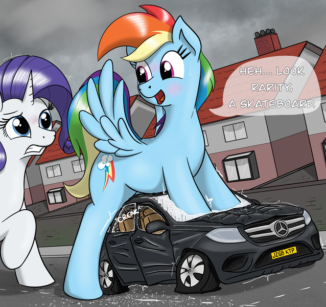 Size: 2476x2328 | Tagged: safe, artist:qkersnll, derpibooru import, rainbow dash, rarity, pegasus, pony, unicorn, building, car, commission, destruction, duo, duo female, female, giantess, high res, horn, image, macro, mare, png, speech bubble