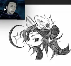 Size: 1440x1335 | Tagged: safe, artist:misty.mooon, derpibooru import, ponified, human, pony, black and white, crescent moon, ear piercing, earring, geto suguru, grayscale, image, jewelry, jpeg, jujutsu kaisen, male, monochrome, moon, piercing, simple background, solo, stallion, white background