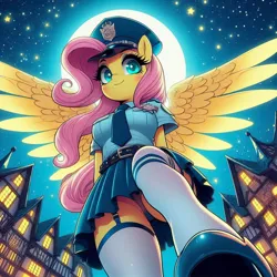 Size: 1024x1024 | Tagged: suggestive, ai content, derpibooru import, machine learning generated, prompter:glimmy-glam, fluttershy, anthro, g4, belt, breasts, clothes, female, generator:dall-e 3, hat, high heels, image, jpeg, looking at you, looking down, moon, necktie, night, offscreen character, police, police uniform, ponyville, shoes, skirt, socks, solo, solo female, spread wings, stars, stepped on, thigh highs, upskirt, wings