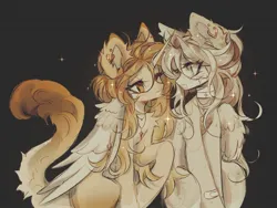 Size: 1440x1083 | Tagged: safe, artist:misty.mooon, derpibooru import, oc, oc:mistea, unofficial characters only, alicorn, pegasus, pony, bandage, bandaid, duo, ear piercing, earring, female, gray background, image, jewelry, jpeg, mare, necklace, piercing, simple background, wing jewelry, wings