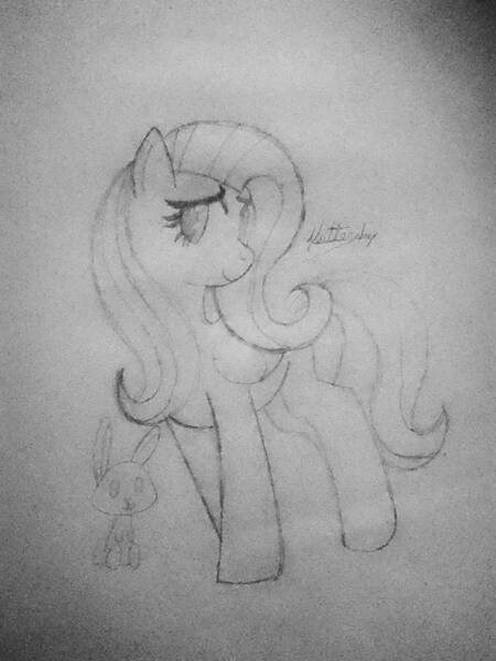 Size: 828x1103 | Tagged: safe, artist:carolinajt, derpibooru import, angel bunny, fluttershy, pegasus, pony, rabbit, g4, angelbetes, animal, cute, drawing, duo, duo male and female, female, image, jpeg, male, mare, monochrome, paper, shyabetes, sketch, traditional art