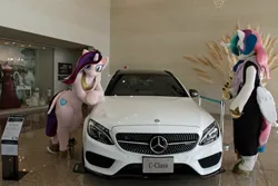 Size: 1200x800 | Tagged: safe, derpibooru import, princess cadance, princess celestia, 2017, butt wings, car, clothes, duo, fursuit, image, indoors, irl, jpeg, photo, ponysuit, wings