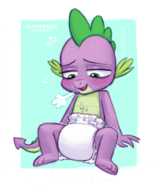 Size: 2184x2602 | Tagged: questionable, artist:bloodymrr, derpibooru import, spike, dragon, g4, abdl, baby, baby dragon, blushing, cute, diaper, diaper fetish, embarrassed, fetish, heavy breathing, image, looking down, male, non-baby in diaper, png, shy, simple background, sitting, solo, spikabetes, sweat, sweatdrops, wingless spike