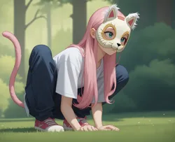 Size: 2048x1664 | Tagged: safe, ai content, derpibooru import, machine learning generated, prompter:kimberlite, stable diffusion, fluttershy, cat, human, equestria girls, g4, forest, image, log, mask, nature, outdoors, png, squatting, tail, tree