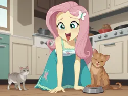 Size: 2144x1600 | Tagged: safe, ai content, derpibooru import, machine learning generated, prompter:kimberlite, stable diffusion, fluttershy, cat, human, equestria girls, g4, bowl, drool, fetish, food, food fetish, image, kitchen, looking at you, png, tail