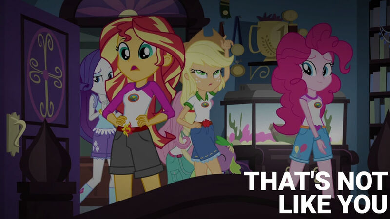 Size: 1280x720 | Tagged: safe, derpibooru import, edit, edited screencap, editor:quoterific, screencap, fluttershy, pinkie pie, rarity, spike, spike the regular dog, sunset shimmer, dog, human, equestria girls, g4, camp everfree outfits, dialogue, female, hand on hip, image, jpeg, my little pony equestria girls: legend of everfree