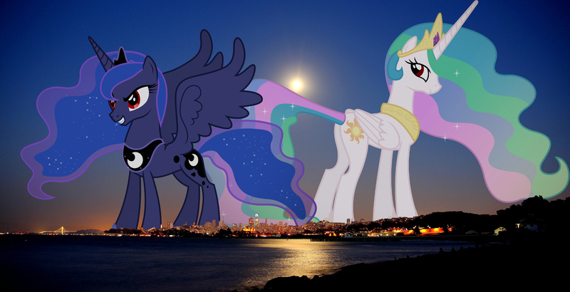 Size: 2048x1050 | Tagged: safe, artist:90sigma, derpibooru import, edit, editor:jaredking779, princess celestia, princess luna, alicorn, pony, g4, alternate eye color, attack on pony, butt, california, crown, duo, duo female, ethereal mane, ethereal tail, evil, female, folded wings, giant pony, giantess, grin, highrise ponies, image, irl, jewelry, jpeg, macro, mare, mind control, photo, plot, ponies in real life, red eyes, regalia, royal sisters, san francisco, siblings, sisters, smiling, spread wings, starry mane, starry tail, story included, sunbutt, tail, tall, thin, wings, wrong eye color