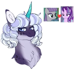 Size: 1280x1205 | Tagged: safe, artist:malinraf1615, derpibooru import, maud pie, starlight glimmer, oc, oc:evie, pony, unicorn, bust, female, horn, image, magical lesbian spawn, mare, offspring, parent:maud pie, parent:starlight glimmer, parents:starmaud, png, portrait, simple background, transparent background