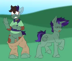 Size: 1238x1050 | Tagged: oc name needed, safe, alternate version, artist:detectivecoon, derpibooru import, oc, ponified, unofficial characters only, drink pony, food pony, human, original species, pony, soda pony, unicorn, g4, clothes, drink, empty, eye clipping through hair, food, glasses, horn, human to pony, image, pants, png, raised hoof, shirt, shocked, shocked expression, transformation, transformation sequence, transparent, unicorn oc