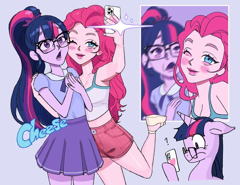 Size: 1678x1290 | Tagged: safe, artist:ridovax, derpibooru import, pinkie pie, twilight sparkle, human, pony, equestria girls, g4, duo, female, glasses, image, jpeg, mare, self paradox, self ponidox, selfie