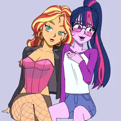 Size: 1608x1608 | Tagged: safe, artist:ridovax, derpibooru import, sunset shimmer, twilight sparkle, human, equestria girls, g4, blushing, breasts, cleavage, clothes, duo, female, fishnet clothing, fishnets, glasses, image, jacket, jpeg, lesbian, shipping, simple background, socks, stockings, sunsetsparkle, thigh highs