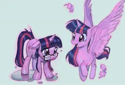 Size: 1665x1130 | Tagged: safe, artist:ridovax, derpibooru import, twilight sparkle, twilight sparkle (alicorn), alicorn, pony, unicorn, g4, female, flying, glasses, image, jpeg, mare, puddle, self paradox, self ponidox, simple background, unicorn twilight, wet, wet mane