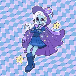 Size: 976x976 | Tagged: safe, artist:ridovax, derpibooru import, trixie, human, equestria girls, g4, cape, clothes, female, hat, image, jpeg, modern art, optical illusion, patterned background, skirt, solo, witch hat