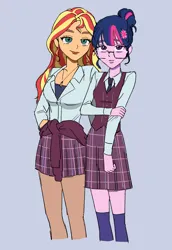 Size: 1702x2469 | Tagged: safe, artist:ridovax, derpibooru import, sci-twi, sunset shimmer, twilight sparkle, human, equestria girls, g4, clothes, duo, female, glasses, gray background, image, jpeg, lesbian, school uniform, shipping, simple background, sunsetsparkle