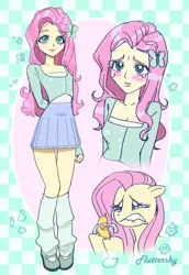 Size: 1757x2556 | Tagged: safe, artist:ridovax, derpibooru import, fluttershy, human, pegasus, pony, equestria girls, g4, abstract background, banana, blushing, crying, female, food, image, jpeg, mare, self paradox, self ponidox, solo