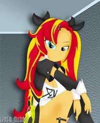 Size: 2382x2952 | Tagged: safe, artist:cyber-murph, derpibooru import, sunset shimmer, equestria girls, g4, breasts, busty sunset shimmer, cleavage, clothes, commission, cosplay, costume, image, jacket, lidded eyes, midriff, nicole demara (zenless zone zero), png, ribbon, sitting, zenless zone zero