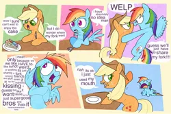 Size: 2048x1361 | Tagged: safe, artist:doodlesinky, derpibooru import, applejack, rainbow dash, earth pony, pegasus, pony, appledash, cake, comic, dialogue, fail, female, flying, food, fork, image, jpeg, knife, lesbian, mare, shipping, speech bubble, sweat