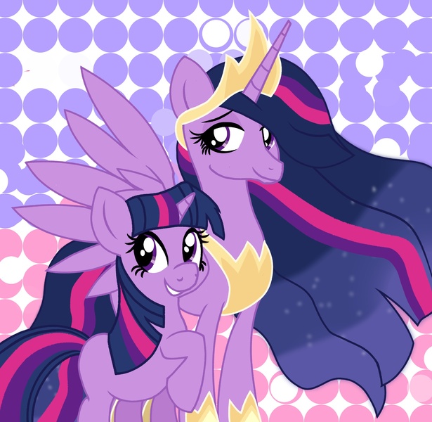 Size: 2048x1999 | Tagged: safe, artist:chaosimp2006, derpibooru import, princess twilight 2.0, twilight sparkle, twilight sparkle (alicorn), alicorn, pony, unicorn, g4, the last problem, duality, duo, happy birthday mlp:fim, horn, image, jpeg, mlp fim's fourteenth anniversary, older, older twilight, older twilight sparkle (alicorn), self paradox, self ponidox, simple background, time paradox, unicorn twilight