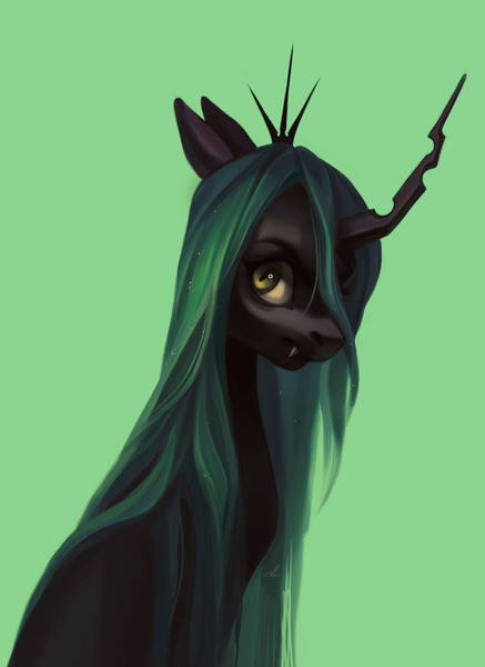 Size: 2186x3000 | Tagged: safe, artist:abri, derpibooru import, queen chrysalis, changeling, changeling queen, g4, fangs, female, green background, image, jpeg, simple background, solo