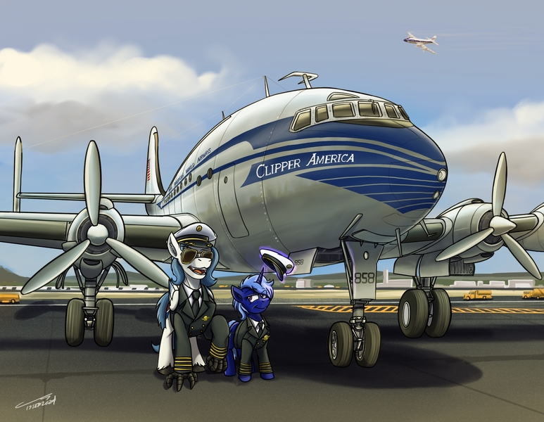 Size: 2338x1815 | Tagged: safe, artist:buckweiser, derpibooru import, oc, oc:delta dart, oc:polaris starshine, unofficial characters only, hippogriff, unicorn, airport, american flag, aviator sunglasses, clothes, detailed background, duo, fangs, flag, horn, image, jpeg, lockheed constellation, magic, male, pan am, pilot, pilots cap, plane, propeller, signature, size difference, smug, sunglasses, truck, unicorn oc, unshorn fetlocks