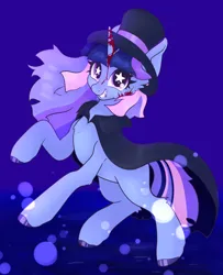 Size: 730x898 | Tagged: semi-grimdark, artist:waitrosehater, derpibooru import, oc, oc:flawless sparklemoon, unofficial characters only, pony, unicorn, blood, cloak, clothes, creepy, creepy grin, creepy smile, female, fusion, fusion:trixie, fusion:twilight sparkle, fusion:twixie, grin, hat, horn, image, looking at you, mare, my little pony the movie: the death of twilight sparkle, png, smiling, solo, starry eyes, tail, top hat, unicorn oc, unshorn fetlocks, wingding eyes