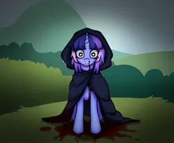 Size: 2039x1682 | Tagged: semi-grimdark, artist:cff, derpibooru import, oc, oc:flawless sparklemoon, unofficial characters only, pony, unicorn, blood, cloak, clothes, female, fusion, fusion:trixie, fusion:twilight sparkle, fusion:twixie, hood, horn, image, jpeg, mare, my little pony the movie: the death of twilight sparkle, nosebleed, outdoors, solo, starry eyes, unicorn oc, wingding eyes