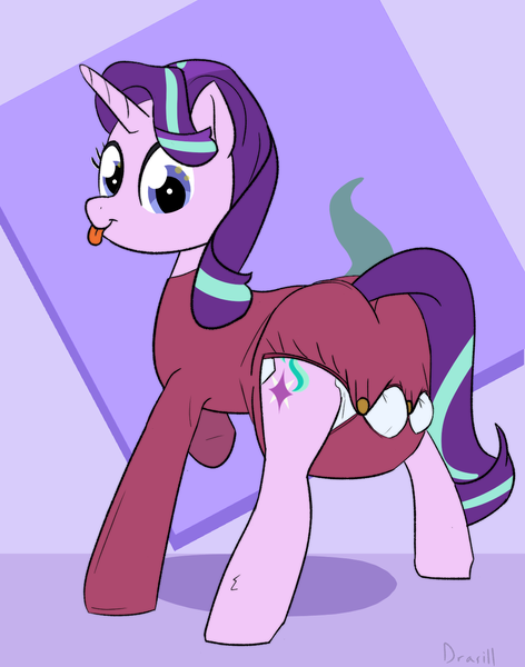 Size: 1102x1400 | Tagged: questionable, artist:drasill, derpibooru import, starlight glimmer, unicorn, g4, abdl, diaper, diaper fetish, fetish, horn, image, messy diaper, non-baby in diaper, onesie, png, raised hoof, smiling, stink lines, tongue out