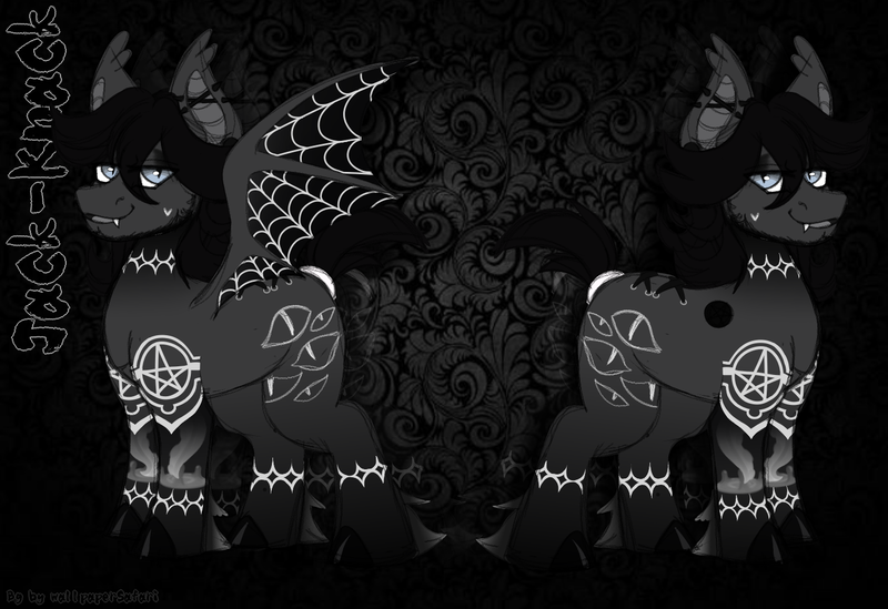 Size: 1457x999 | Tagged: safe, artist:woofpoods, derpibooru import, oc, oc:jack-knack, unofficial characters only, bat pony, pony, ear piercing, earring, gothic, image, jewelry, male, pentagram, piercing, png, reference sheet, solo, spooky, stallion, stallion oc, stitches, tattoo, unshorn fetlocks