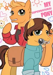 Size: 1080x1528 | Tagged: safe, artist:itou63630291, derpibooru import, ponified, earth pony, pony, bag, clothes, dean winchester, duo, image, jpeg, male, mouth hold, saddle bag, sam winchester, shirt, stallion, supernatural, torch