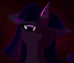 Size: 2539x2185 | Tagged: safe, artist:tamago, derpibooru import, twilight sparkle, pony, unicorn, g4, creepy, creepy smile, female, floppy ears, horn, image, lidded eyes, looking at you, mare, png, scene interpretation, shadow, smiling, solo, twilight sparkle commits arson in the name of princess celestia, unicorn twilight