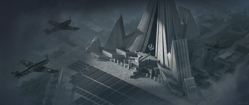 Size: 3840x1626 | Tagged: safe, artist:mrscroup, derpibooru import, queen chrysalis, changeling, equestria at war mod, g4, bf-109, bf-109e-4, brutalist architecture, building, female, image, jpeg, military, parade, plane