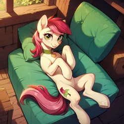 Size: 1024x1024 | Tagged: safe, ai content, derpibooru import, machine learning generated, prompter:doom9454, stable diffusion, roseluck, pony, behaving like a cat, collar, cute, fluffy, generator:pony diffusion v6 xl, image, looking at you, lying down, pet tag, png, pony pet, rosepet, solo