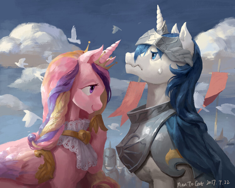 Size: 3840x3079 | Tagged: safe, artist:nora zhang, artist:noraz, derpibooru import, princess cadance, shining armor, alicorn, bird, pony, unicorn, g4, armor, banner, cloud, crown, cute, duo focus, female, helmet, horn, image, jewelry, jpeg, male, mare, pixiv, profile, regalia, royal guard armor, shiningcadance, ship:shiningcadance, shipping, sky, stallion, straight, sweat, sweatdrop