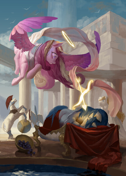 Size: 2256x3153 | Tagged: safe, artist:nora zhang, derpibooru import, princess cadance, shining armor, alicorn, pony, unicorn, g4, ancient rome, arrow, bow, bow (weapon), clothes, female, flying, food, grapes, guard, halo, high res, horn, image, jpeg, looking at someone, looking down, lying down, male, mare, pillar, shield, shiningcadance, ship:shiningcadance, shipping, side, sleeping, stallion, statue, straight, sword, weapon