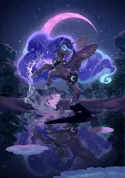 Size: 3840x5455 | Tagged: safe, artist:nora zhang, derpibooru import, princess luna, alicorn, pony, g4, crescent moon, ethereal mane, female, image, jpeg, mare, moon, night, nightmare luna, rearing, reflection, solo, splashing, spread wings, tree, watermark, wings