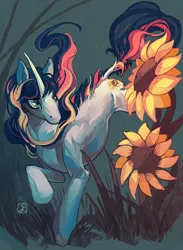 Size: 731x1000 | Tagged: safe, artist:not-unicorn, derpibooru import, oc, unofficial characters only, pony, unicorn, flower, horn, image, jpeg, solo, sunflower